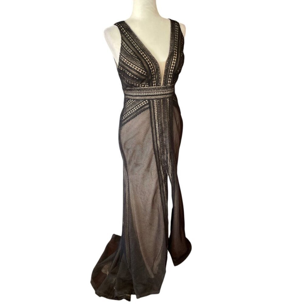 Alyce Black Lace Formal Prom Gown SZ 8 Goth Regency Long Train - Picture 4 of 14